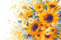 Vibrant sunflowers and daisies bouquet with blue forget-me-nots on watercolor yellow background, floral arrangement for greeting cards and wall art decoration.