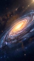 Spectacular spiral galaxy with glowing center and cosmic dust arms against starfield background for astronomy and space science projects.