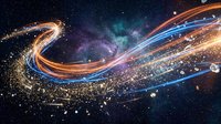 Cosmic energy waves flowing through deep space with glowing particles and stardust creating dynamic light trails against nebula background for digital art projects.