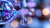 Macro shot of laboratory glass equipment with blue illumination and bokeh effect in background showing scientific research process and chemical analysis setup.
