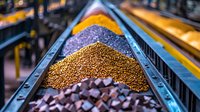 Colorful raw materials and minerals in industrial conveyor belts at mining facility. Close-up view of gold, purple and brown granules showing mining production process.