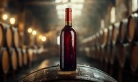 Bottle of red wine standing on wooden barrel in atmospheric winery cellar with oak barrels and soft lighting in background.