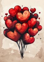Romantic bunch of red heart-shaped balloons in watercolor style perfect for Valentine's Day cards, wedding invitations, and love-themed designs on textured background.