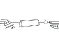 Isolated line art illustration of school supplies and education items arranged horizontally, featuring stacked books, desk organizer, apple, and papers for educational design projects.