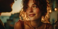 Young woman with curly hair smiling warmly in golden hour sunlight, natural beauty portrait with soft lighting and peaceful expression outdoors.