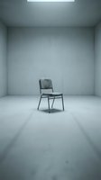 Single gray upholstered chair positioned in empty minimalist concrete room with overhead lighting, suitable for concepts of isolation, loneliness, waiting, unemployment, or minimalist interior design.
