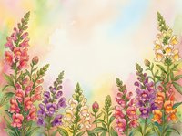 Watercolor snapdragon flowers in pink, purple, orange and yellow frame a soft pastel background, perfect for greeting cards and spring designs.