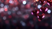 Glittering red heart decorations with soft bokeh lights creating romantic atmosphere on dark background, suitable for Valentine's Day designs and love themes.