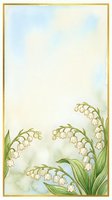 Watercolor lily of the valley floral card with gold frame, soft pastel background, and copy space for wedding or spring invitations.