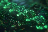 Glowing green digital wave pattern floating above circuit board with bokeh light effects, representing data flow and artificial intelligence technology.