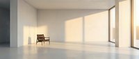 Minimalist modern interior with single wooden chair in empty room featuring large windows and natural sunlight creating geometric shadows on polished concrete floor.