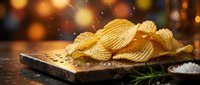 Golden crispy potato chips with sea salt on rustic wooden board, warm bokeh lights creating cozy atmosphere for snack food photography and culinary content.