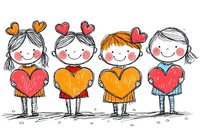 Cheerful children holding colorful hearts in doodle style, hand drawn sketch with red and orange accents, cute characters with rosy cheeks standing in row.