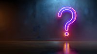 Glowing neon question mark sign on dark reflective surface with atmospheric fog and dramatic lighting creates mysterious ambiance for concept designs.