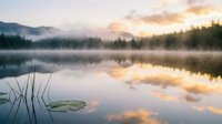 Serene mountain lake at dawn with misty forest reflection, calm water surface, and golden sunrise light filtering through clouds and evergreen trees.