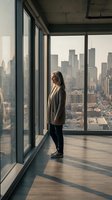 Woman in casual business attire standing in modern high-rise office overlooking urban skyline through floor-to-ceiling windows, contemplating city views from contemporary workspace.