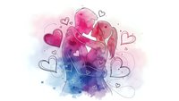 Romantic couple embracing in watercolor style with floating hearts. Love, relationship and Valentine's Day concept for greeting cards and wedding designs.