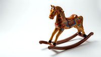 Vintage wooden rocking horse toy with colorful floral folk art decorations, isolated on white background, perfect for nursery and childhood nostalgia designs.