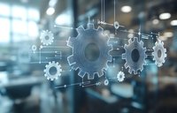 Digital gears and network connections floating over blurred office background represent automation, technology integration and business processes.