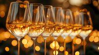 Row of elegant wine glasses filled with golden white wine against warm bokeh lights background creating luxurious atmosphere for celebration or tasting event.