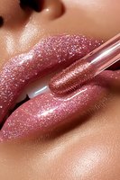 Close-up of plump lips with shimmering pink gloss being applied with metallic applicator wand, showcasing sparkly, glossy texture for cosmetic and beauty advertising.