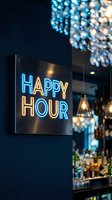 Neon happy hour sign glowing in modern bar with sparkling chandelier and bokeh lights creating festive nightlife atmosphere for restaurant promotion.