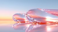 Luminous liquid drops with coral pink and golden reflections on mirror surface against sunset sky background create dreamy abstract composition.