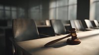 Wooden gavel on conference table in modern boardroom with leather chairs and natural lighting for legal business meetings and corporate decisions.