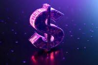 Glowing purple dollar sign with digital circuit pattern on dark background reflecting on surface with scattered light particles in futuristic style.