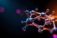 Molecular structure visualization with interconnected atoms and bonds glowing in blue and orange against dark background, scientific concept for chemistry research.