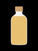 Golden oil bottle with wooden cork cap isolated on transparent background, ready for t-shirt design, clipart, stickers, print-on-demand products and sublimation projects.
