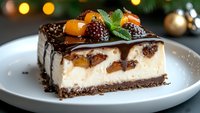 Creamy cheesecake slice with chocolate base topped with dark chocolate ganache, fresh blackberries, candied kumquats and mint leaves on white plate.