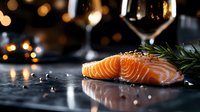 Fresh raw salmon fillet with sea salt and rosemary on dark stone surface. Elegant restaurant presentation with wine glasses and bokeh lights in background.
