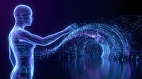 Futuristic digital human figure with glowing circuit patterns extending energy waves toward abstract technology portal, representing artificial intelligence, data transfer, and innovation.