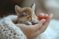 Adorable sleepy kitten resting in palm of hand, wrapped in cozy knitted blanket. Soft focus portrait capturing tender moment of trust and comfort.