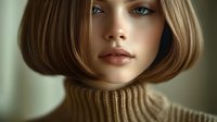 Young Caucasian woman with bob haircut and natural makeup wearing beige turtleneck sweater against soft background.
