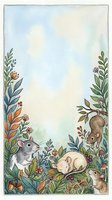 Watercolor mice among wildflowers, berries and autumn leaves with soft sky copy space, for greeting cards, prints and nursery decor.
