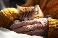 Ginger tabby cat sleeping peacefully on elderly person's lap with wrinkled hand gently stroking its fur, creating warm emotional connection.