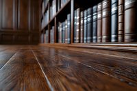 Rustic wooden table surface in law library with vintage leather-bound books on shelves in background, shallow depth of field creates dramatic perspective.