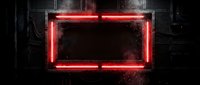 Empty red neon sign frame on dark brick wall, glowing rectangular border with copy space for text, nightlife and urban advertising concept.