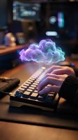 Hands typing on keyboard with glowing purple cloud above representing cloud computing, data storage, and digital transformation in modern office environment.