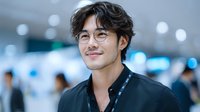 Young Asian businessman with glasses smiling confidently in modern office environment. Professional male executive in dark shirt at workplace.