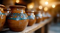 Handcrafted wooden vessels with blue decorative bands arranged in a row, showcasing traditional artisan pottery and rustic home decor for interior design projects.