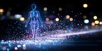 Glowing blue translucent female figure walking on dark surface with magical sparkles and bokeh lights creating ethereal atmosphere against black background.