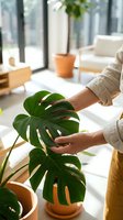 Woman caring for monstera deliciosa houseplant in bright modern living room with natural sunlight streaming through large windows for indoor gardening.