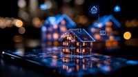 Glowing miniature house models on digital surface with bokeh lights, showcasing smart home technology and real estate innovation in blue neon atmosphere.