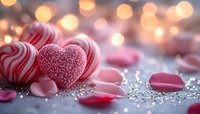 Striped candy swirls and heart-shaped confection with glitter sparkles on soft surface, warm bokeh lights background. Romantic sweet treat composition for Valentine's Day, wedding, love celebration designs.