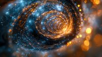 Spiral galaxy with glowing blue and orange cosmic dust swirls against dark space background, creating mesmerizing celestial formation with luminous stellar particles.