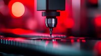Precision CNC machine drilling metal part with dramatic red lighting and bokeh effect background, modern industrial manufacturing technology in action.