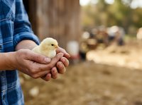 Male farmer in blue plaid shirt holding yellow chick in hands on farm. Suitable for agriculture, poultry farming, and rural lifestyle content.